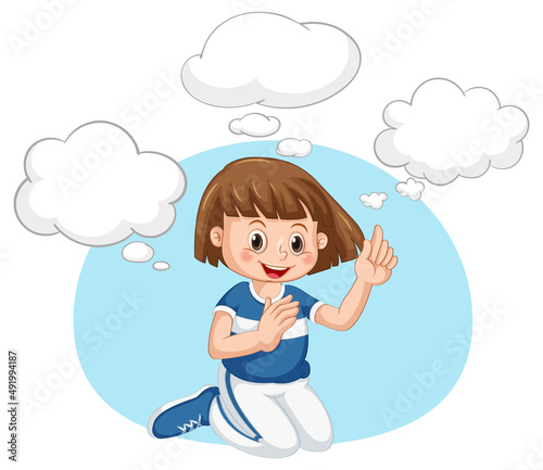 A kid with speech bubble templates on white background