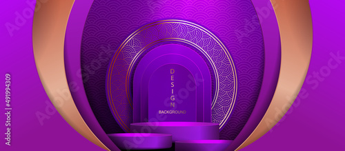 Violet composition with semicircular curtains, a round frame in gold color and a podium