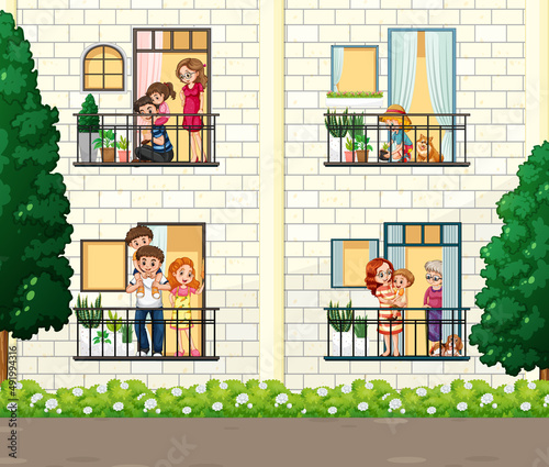 Building facade with people at balcony
