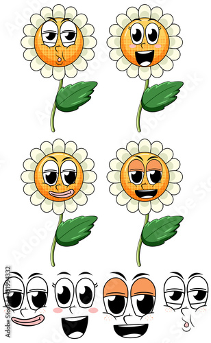 Set of facial expression vintage style cartoon with sunflower on white backgr...