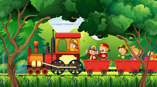 A kids in a train with natural scene