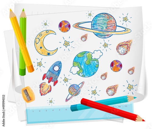 A paper with a doodle sketch design with color and colour pencils