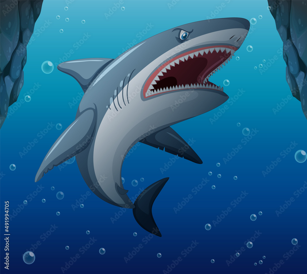 Fototapeta premium Aggressive shark underwater deep sea background