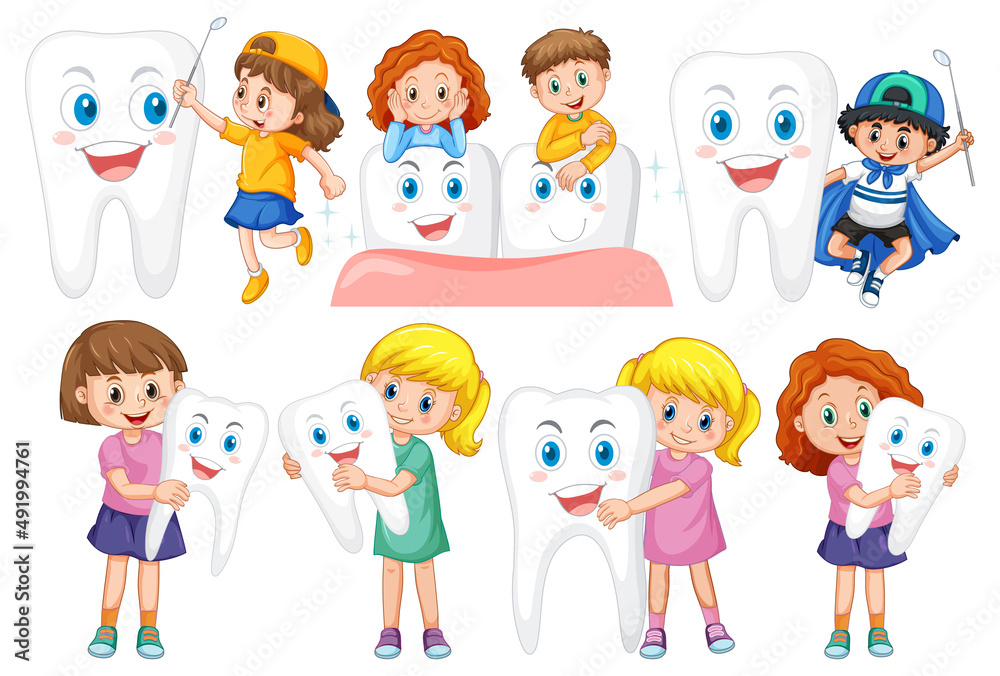 Set of happy kid holding a big tooth and dental mirror on white background