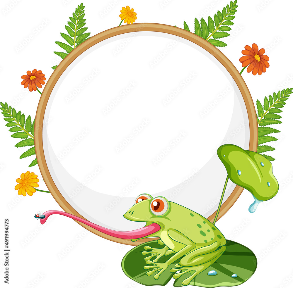 Fototapeta premium Blank wooden signboard with frog in cartoon style