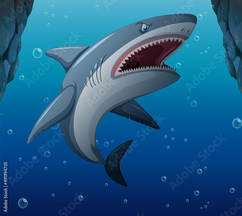 Aggressive shark underwater deep sea background