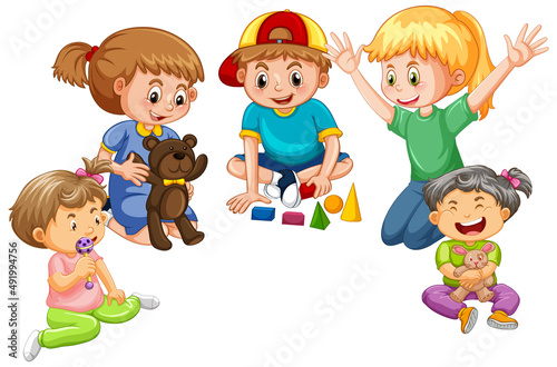 Happy children playing toy on white background