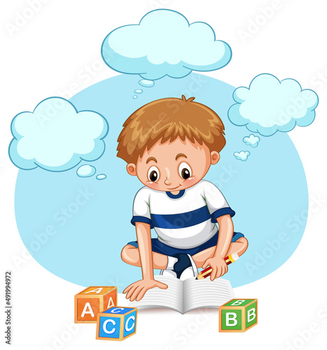 A kid doing homework with speech bubble