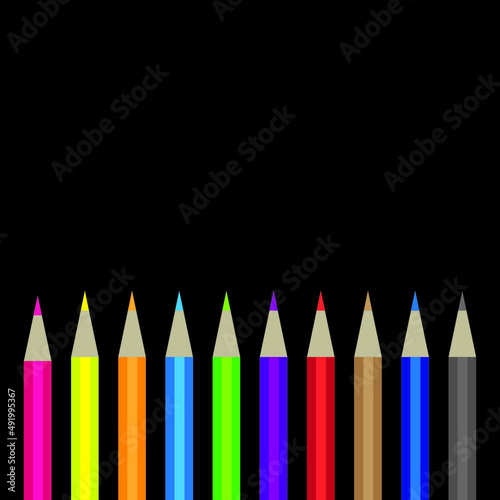 Colorful pencil set collection on black background with space for text. Vector illustration.