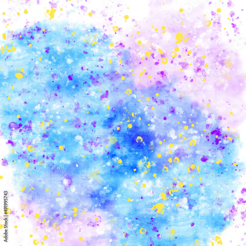 Watercolor blue and purple blots are covered with yellow and magenta splatters. Watercolor abstract background. Illustration.