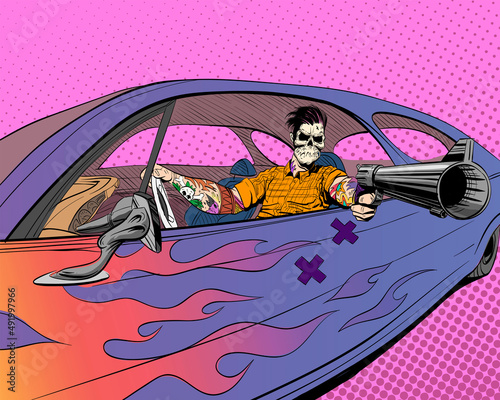 Gangster with a skull face with a gun sitting in the car. Pop art comics retro design vector illustration. 