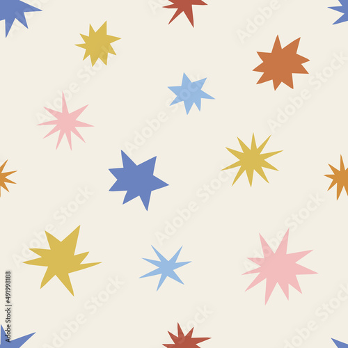Multicoloured childish stars in the sky space vector seamless pattern. Boho baby naive celestial starry background. Kid-like stellar decorative surface design for fabric or Scandinavian style nursery.