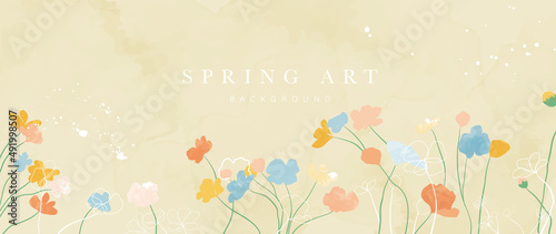 Spring season floral background. Colorful botanical in watercolor texture design with flowers, blooms and blossom garden. White line art pattern perfect for banner, print, cover, decoration.