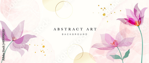 Spring season floral background. Colorful botanical in watercolor texture design with flowers, blooms and blossom garden. White line art pattern perfect for banner, print, cover, decoration.