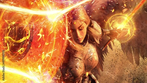 A beautiful angel girl with a perfect appearance reflects magical arrows with a magical red-hot shield, she sits onknee crushing the earth with a fiery sword ready. clean looped 2d animation