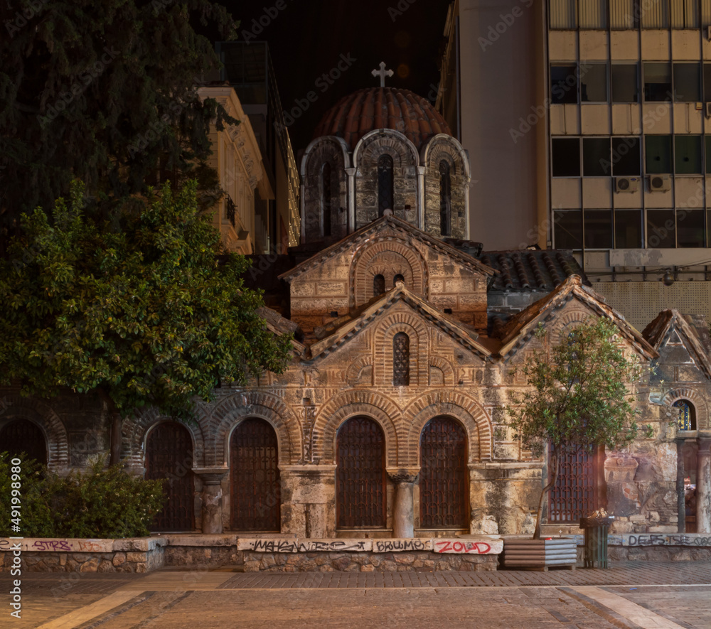 Night view of Greek orthodox church in the centre of Athens, Greece