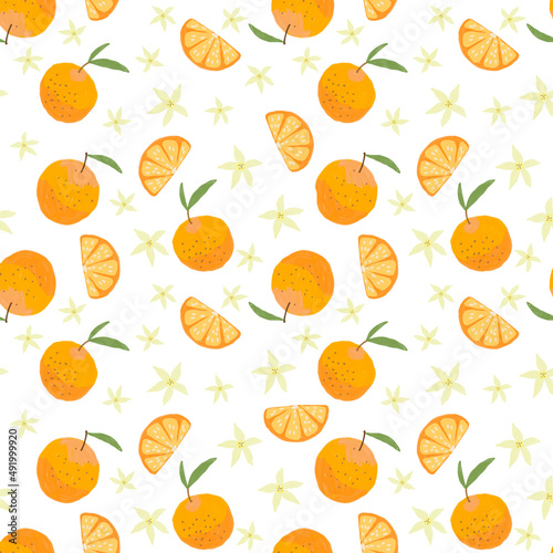 Seamless pattern. Oranges, leaves, blossoms