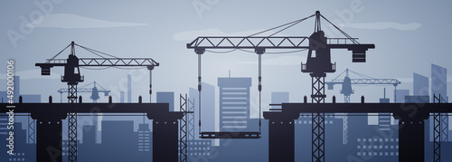 Vector Illustration Construction Site Concept With Crane And Bridge.