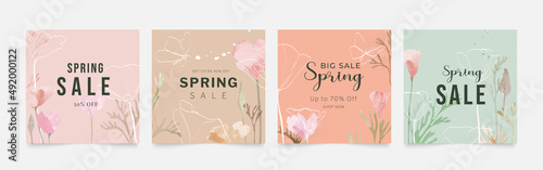Abstract spring season floral cover template. Collection of banner design with flowers, blooms and leaves. Warm tone watercolor texture perfect for social media, prints, wall art, ads, decoration.