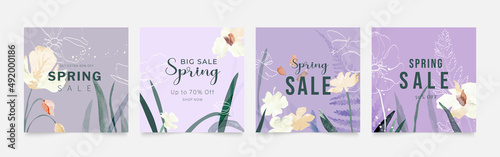 Abstract spring season floral cover template. Collection of banner design with flowers, leaves, butterfly. Purple watercolor texture perfect for social media, prints, wall art, ads, decoration.