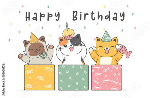 cute birthday cats, happy birthday card, cute three funny happy kitty cat celebrating birthday party, animal pet cartoon drawing vector
