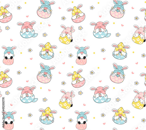 cute easter bunny gnome pastel in egg pattern seamless background, cartoon drawing vector