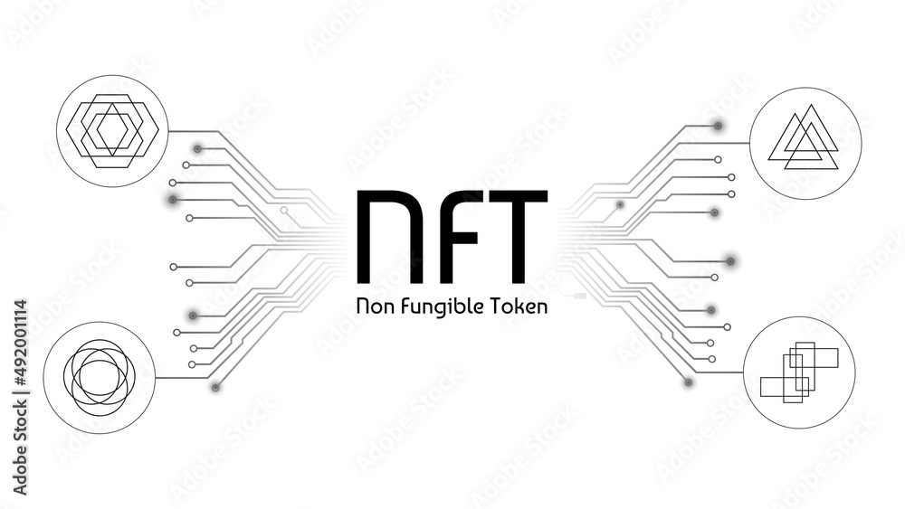 Obraz premium NFT non fungible tokens infographics with pcb tracks and unique tokens isolated on white. Pay for unique collectibles in games or art.