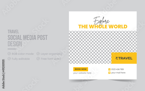 Editable travel and tour social media post or web banner design template. Travel and vacation square social media banner post template. Travel promotional web banner design template