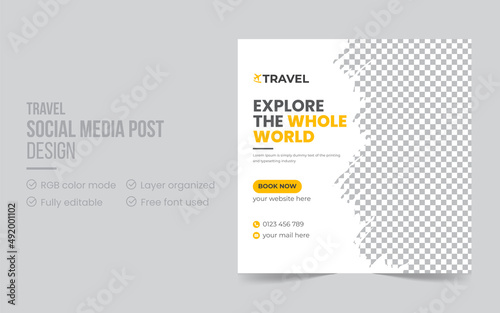 Editable travel and tour social media post or web banner design template. Travel and vacation square social media banner post template. Travel promotional web banner design template
