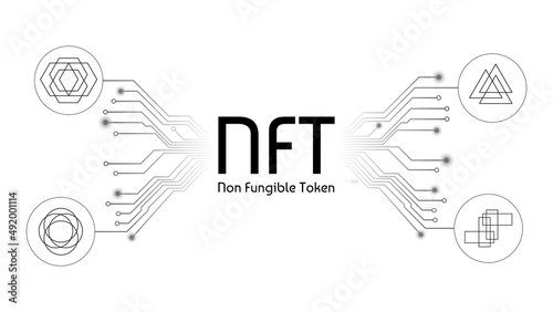 NFT non fungible tokens infographics with pcb tracks and unique tokens isolated on white. Pay for unique collectibles in games or art.