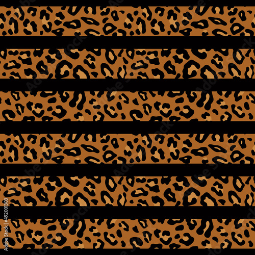 Leopard skin seamless pattern. Black and yellow spots and straps on brown background for fashion graphic such as dress, T-shirt, legging, pajama or for home decor such as wallpaper, tablecloth,bedding