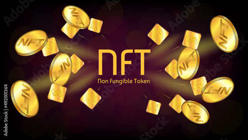 NFT non fungible token infographics with flying gold unique tokens and coins on dark background. Pay for unique collectibles in games or art. Banner or header for website.