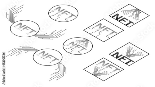 Set of Isometric icons NTF non fungible token isolated on white. Website design element.