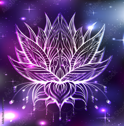 Vector boho lotus with ornate decorations in cosmos. Neon water flower with tribal ornament on space background. Natural sacred symbol with stars and constellation. Contour lily with distortion
