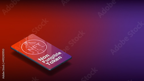 NFT non fungible token isometric cellphone on red background with copy space. New class of coins. Pay for unique collectibles in games or art. Banner or header.