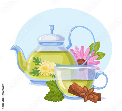 Herbal green tea a cup with chamomile, cinnamon and leaf melissa. Traditional health drink green tea