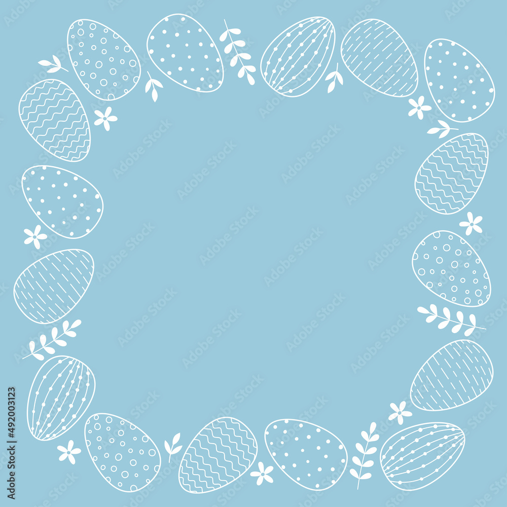 Square frame of easter decorated eggs and leaves. Line art white eggs on blue background. Square frame of easter decorated eggs and leaves. Line art white eggs on blue background.