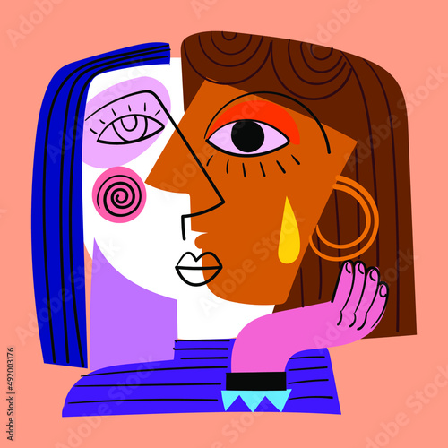 Colorful people face, abstract,cubism,line art, decorative vector illustration.