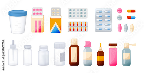 Pharmacy pharmaceutical set of empty, transparent 3D packaging for medicines.