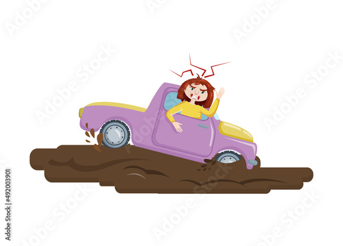 Natural disasters, severe weather conditions. Stuck cars due to bad weather. Girl climbs out of window of car that has fallen into hole.