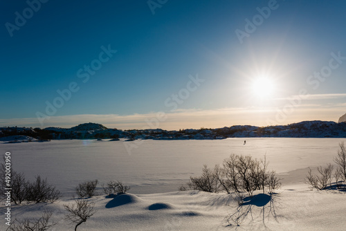 winter scenery of northern Norway Lofoten covered with snow in the beautiful afternoon sun