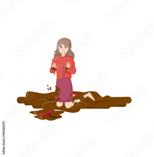 Natural disasters, severe weather unfavorable environmental conditions. Girl stumbled and fell into a puddle of muddy cartoon vector