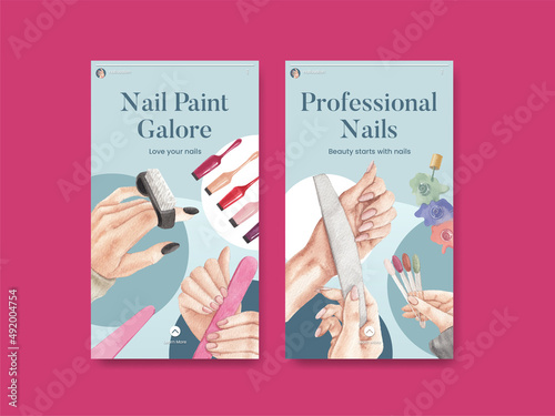 Instagram template with nail salon concept,watercolor style