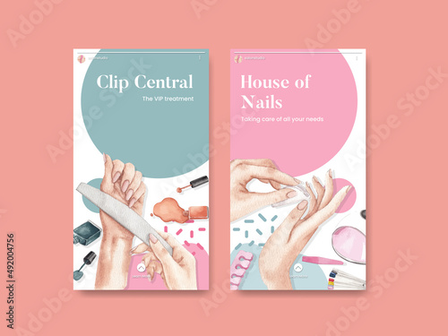 Instagram template with nail salon concept,watercolor style