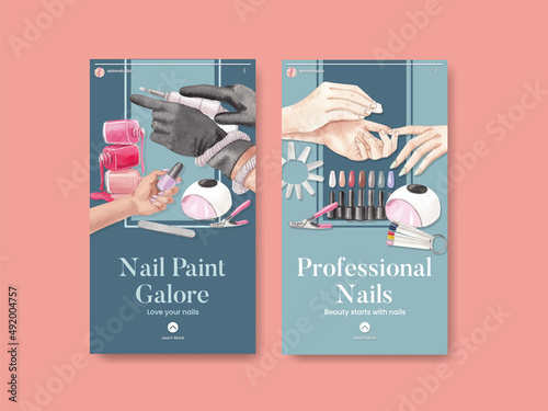 Instagram template with nail salon concept,watercolor style