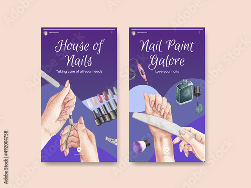 Instagram template with nail salon concept,watercolor style