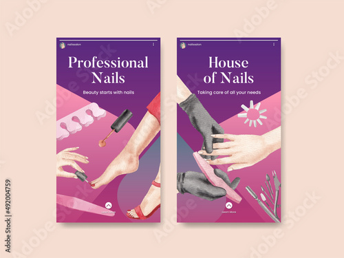 Instagram template with nail salon concept,watercolor style