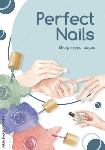 Poster template with nail salon concept,watercolor style