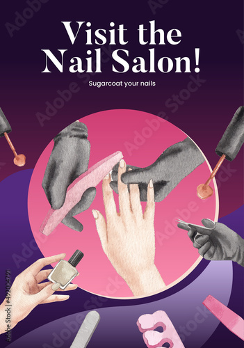 Poster template with nail salon concept,watercolor style