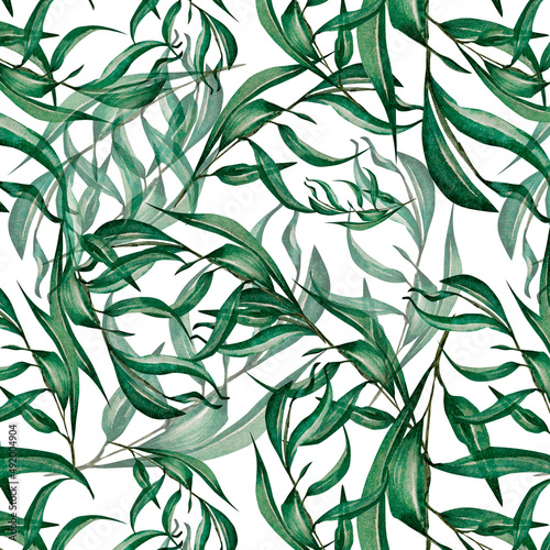 Green leves seamless pattern. Watercolor branch, twigs